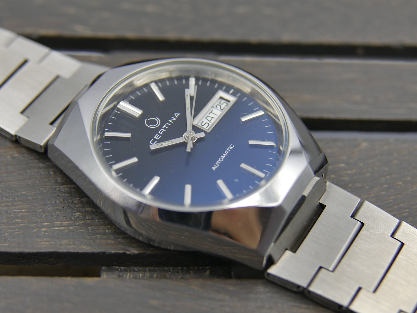 70s vintage watch Certina ref AHB012 automatic ETA 2789 blue dial steel NOS