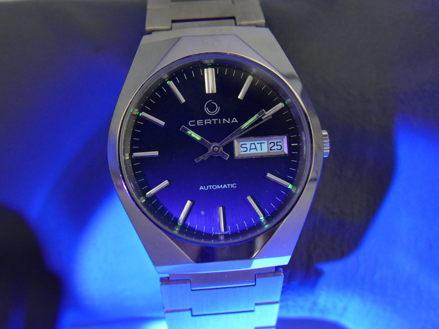 70s vintage watch Certina ref AHB012 automatic ETA 2789 blue dial steel NOS