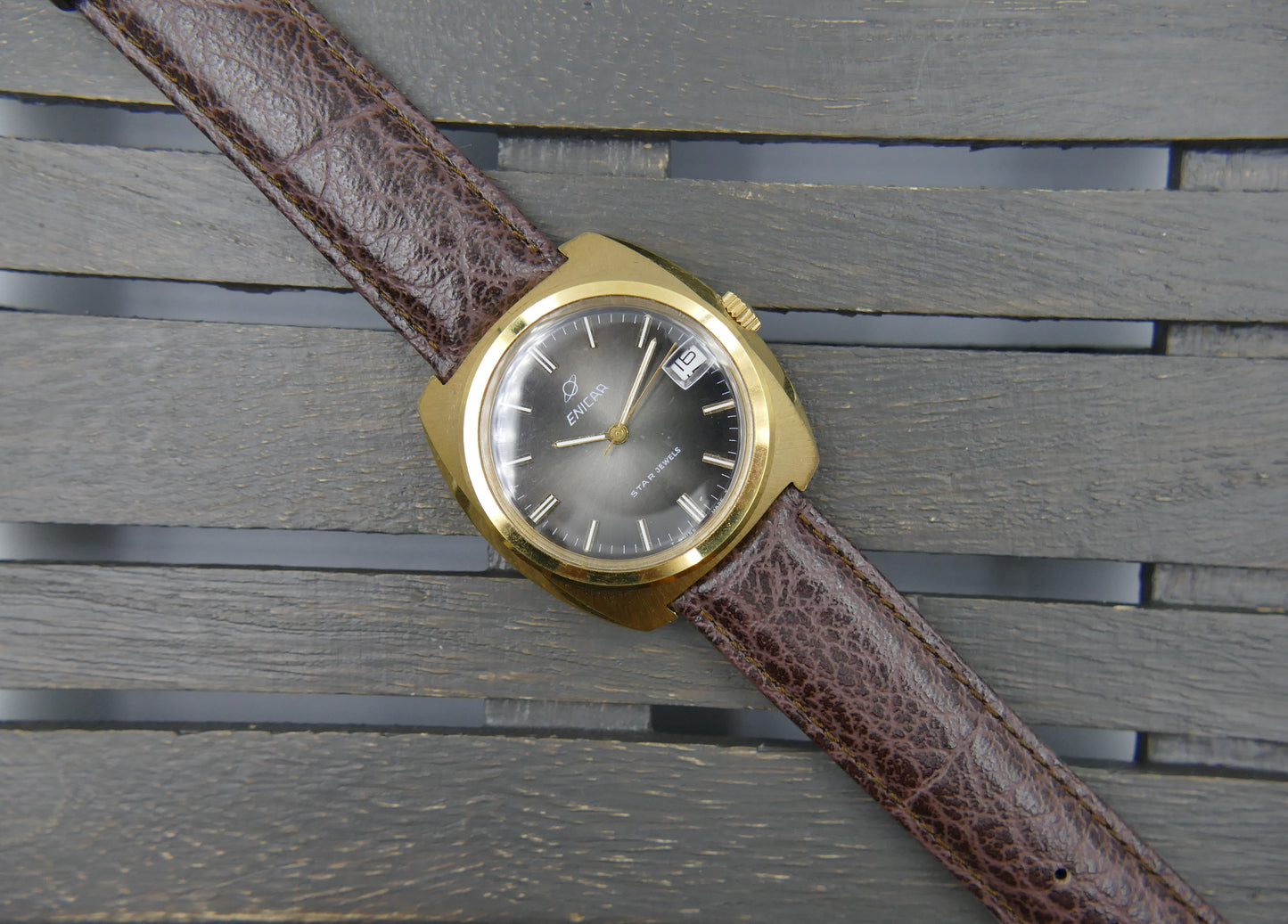 70s vintage watch mens Enicar star jewels automatic AR 167 27J gold pl Jumbo