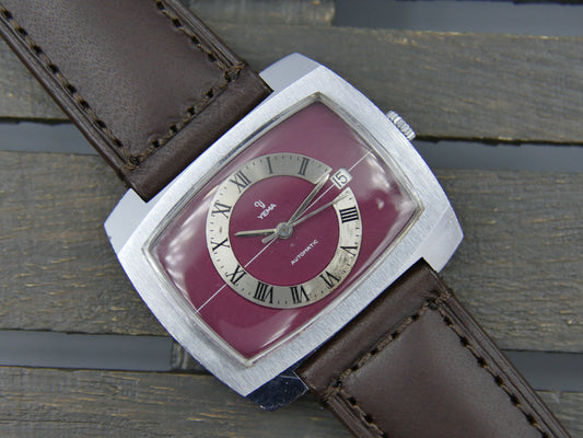 70s vintage watch mens Yema burgundy TV big automatic FE 3611
