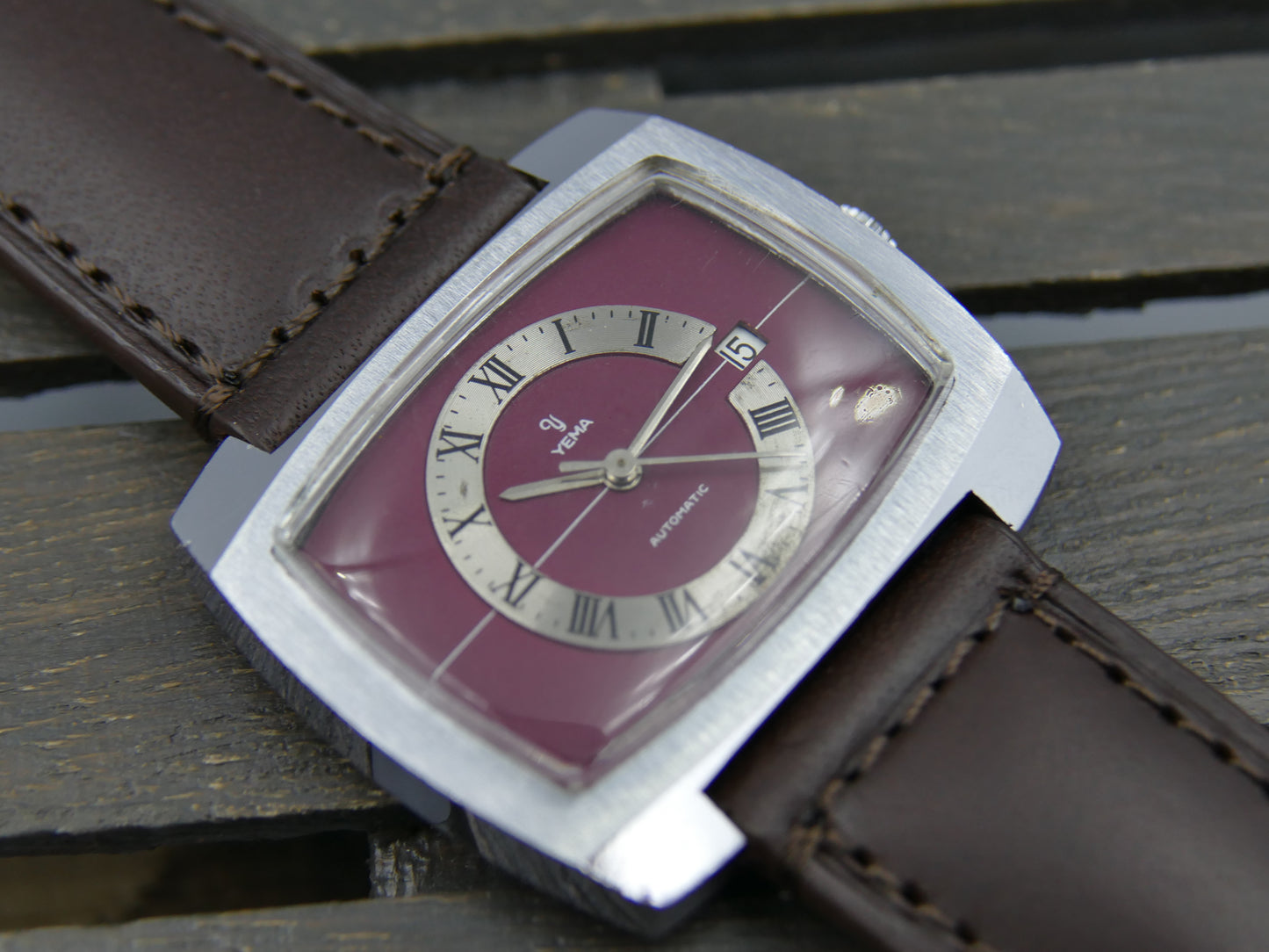 70s vintage watch mens Yema burgundy TV big automatic FE 3611