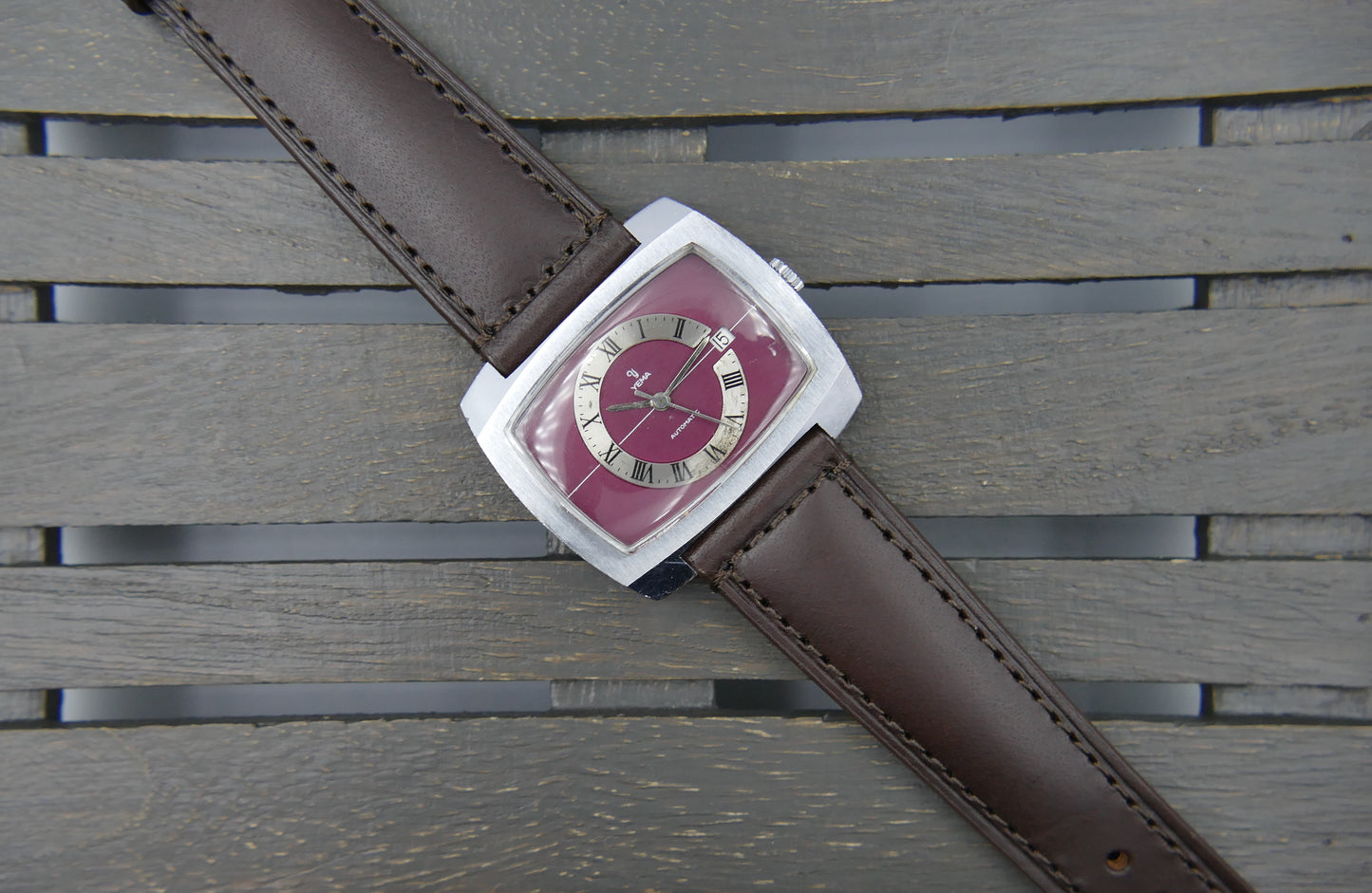 70s vintage watch mens Yema burgundy TV big automatic FE 3611