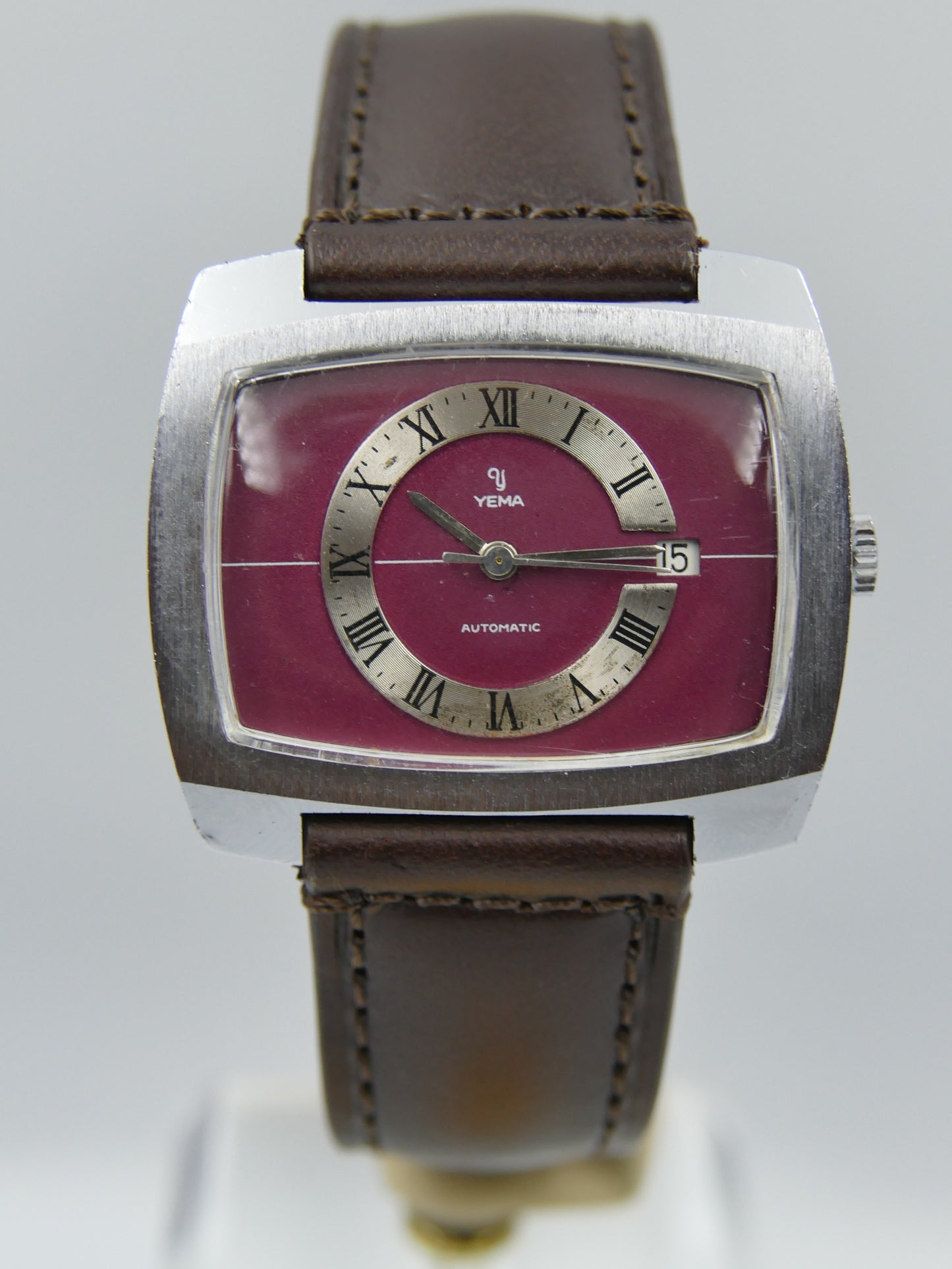 70s vintage watch mens Yema burgundy TV big automatic FE 3611