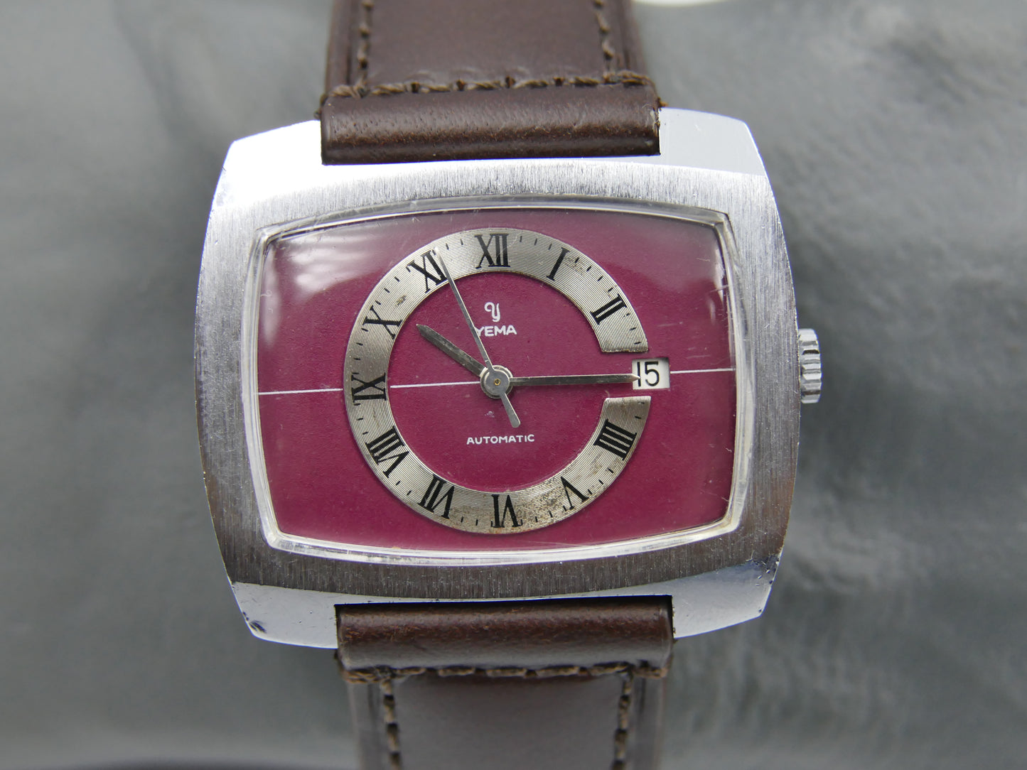 70s vintage watch mens Yema burgundy TV big automatic FE 3611