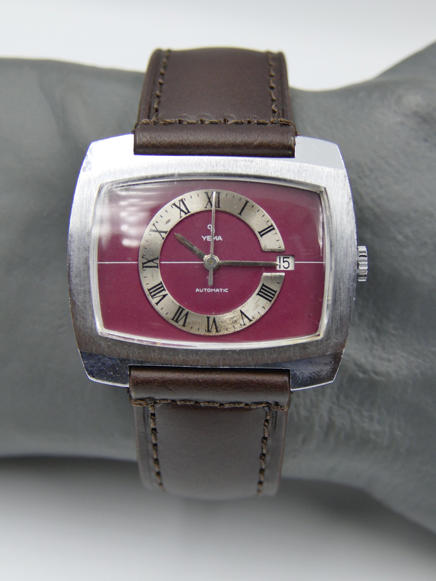 70s vintage watch mens Yema burgundy TV big automatic FE 3611
