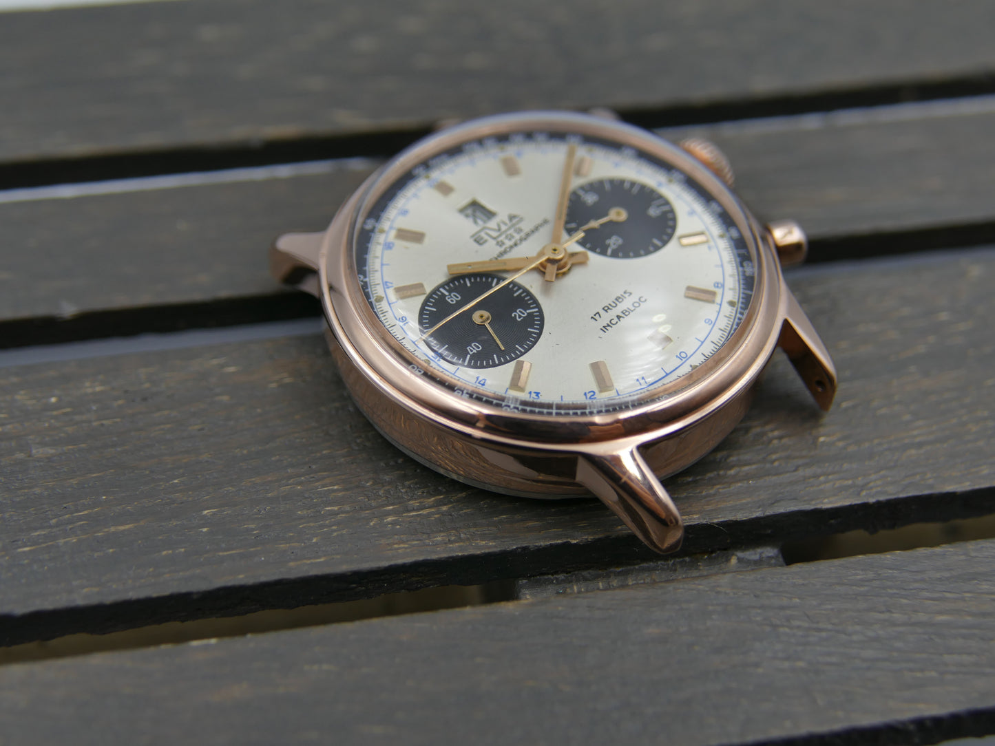 60s vintage watch Elvia chronograph landeron 189 rose gold panda