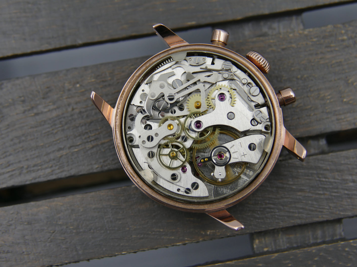 60s vintage watch Elvia chronograph landeron 189 rose gold panda