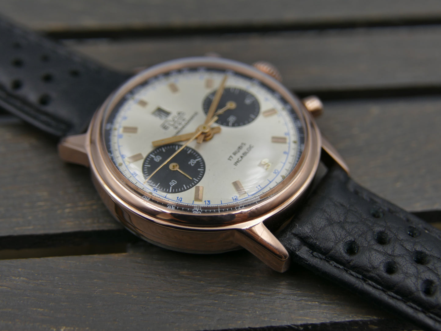 60s vintage watch Elvia chronograph landeron 189 rose gold panda