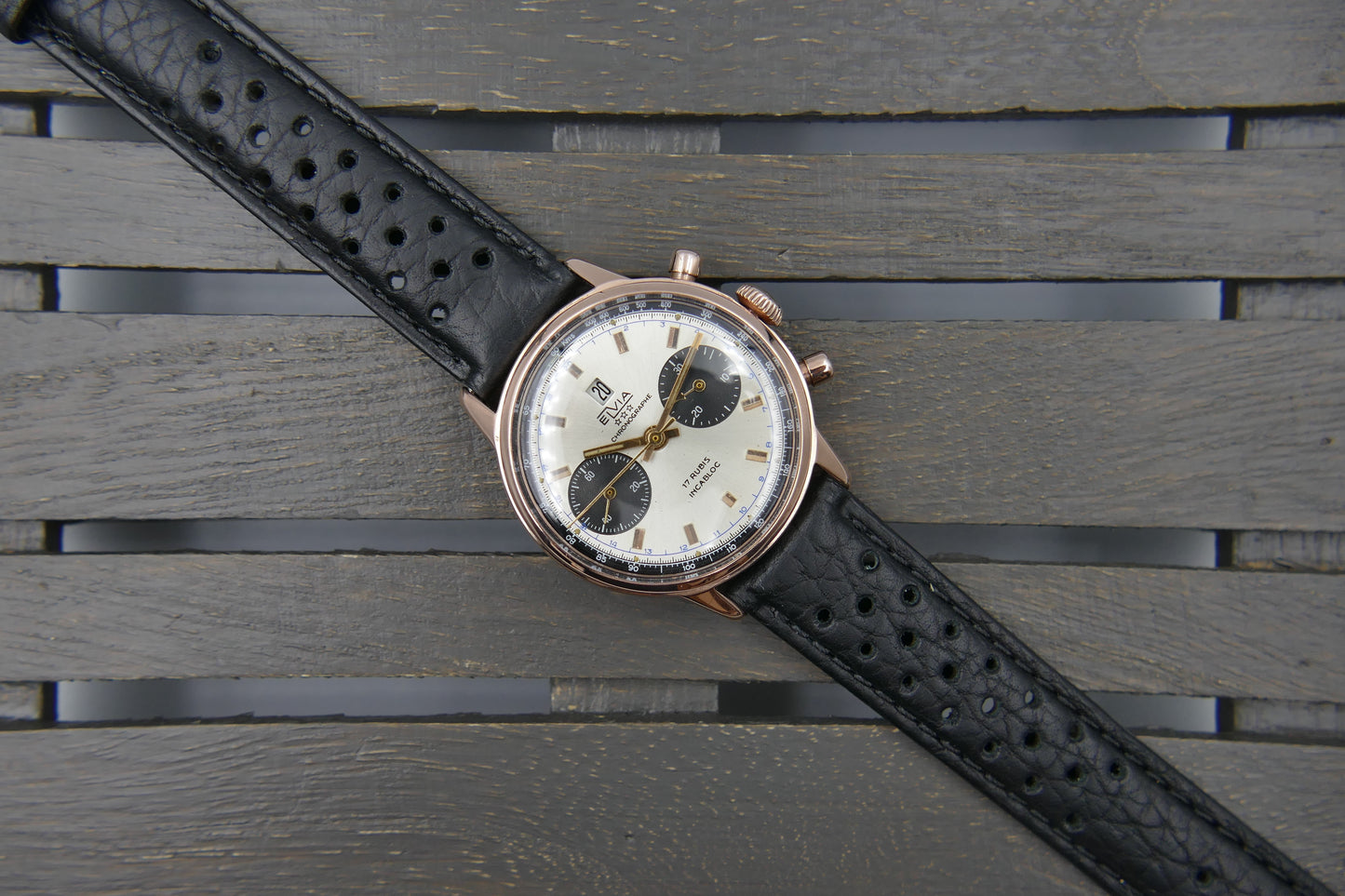 60s vintage watch Elvia chronograph landeron 189 rose gold panda
