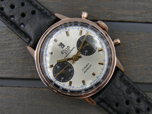 60s vintage watch Elvia chronograph landeron 189 rose gold panda