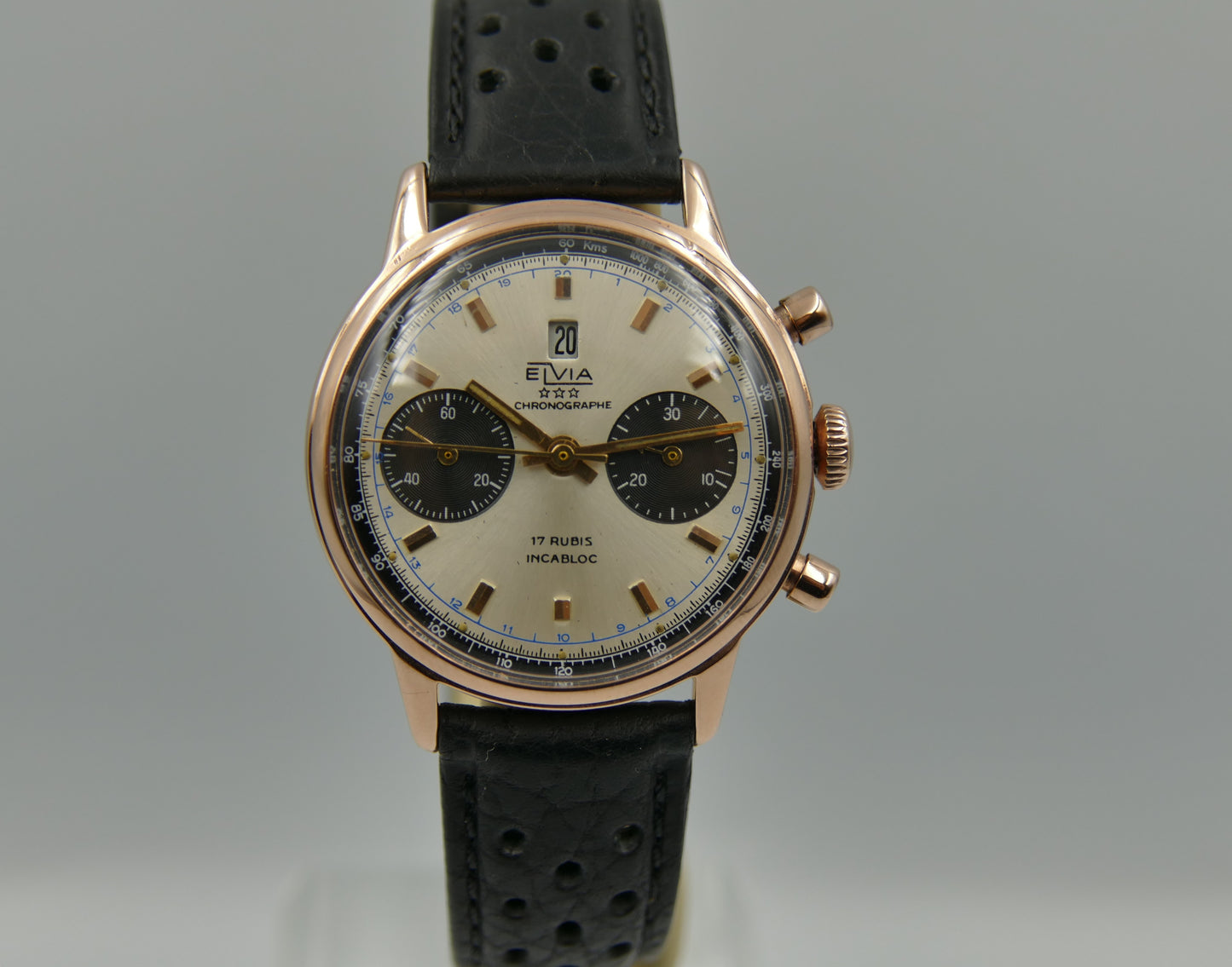 60s vintage watch Elvia chronograph landeron 189 rose gold panda