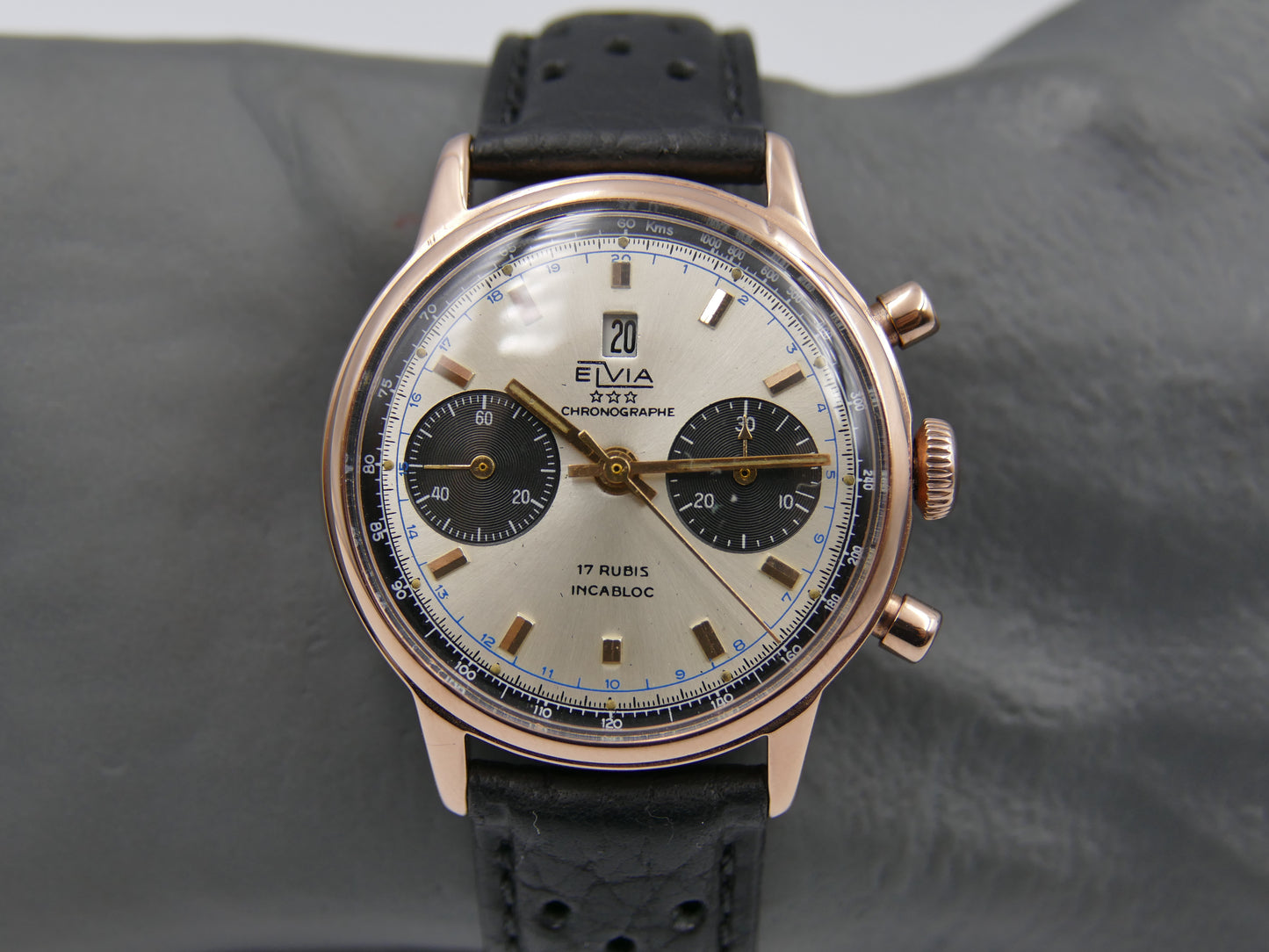 60s vintage watch Elvia chronograph landeron 189 rose gold panda