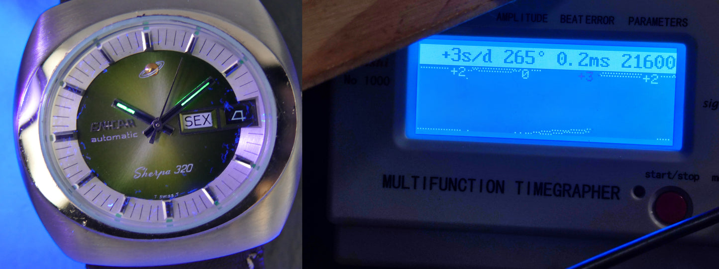 70s vintage watch NOS Enicar Sherpa 320 ref 167-10-01 automatic cal. AR 167 Steel green