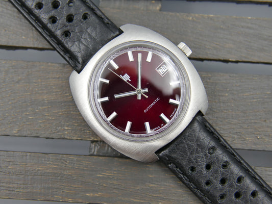 70s vintage watch mens LIP Sport Tonneau automatic Duromat 7525 Burgundy dial