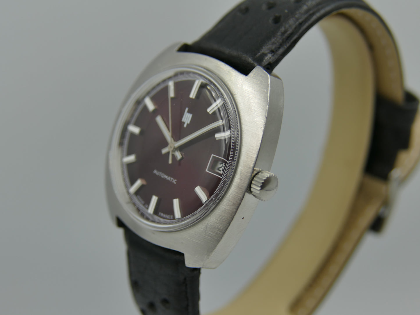 70s vintage watch mens LIP Sport Tonneau automatic Duromat 7525 Burgundy dial