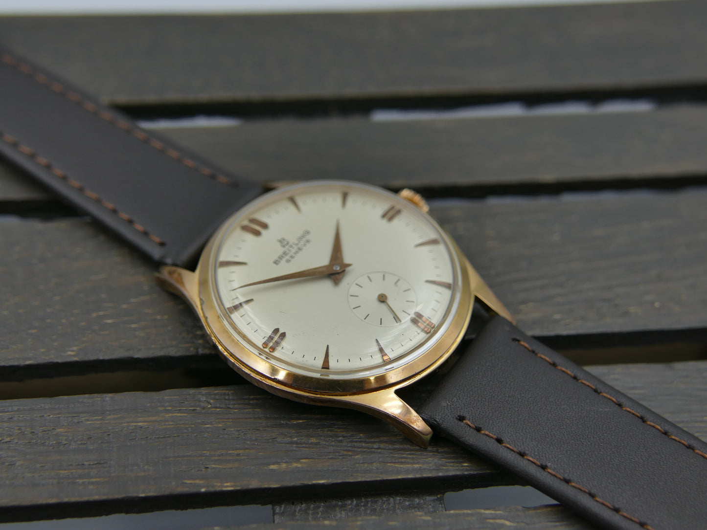 60s vintage watch mens Breitling Geneve ref 1901 hand wind Peseux rose gold pl 36mm