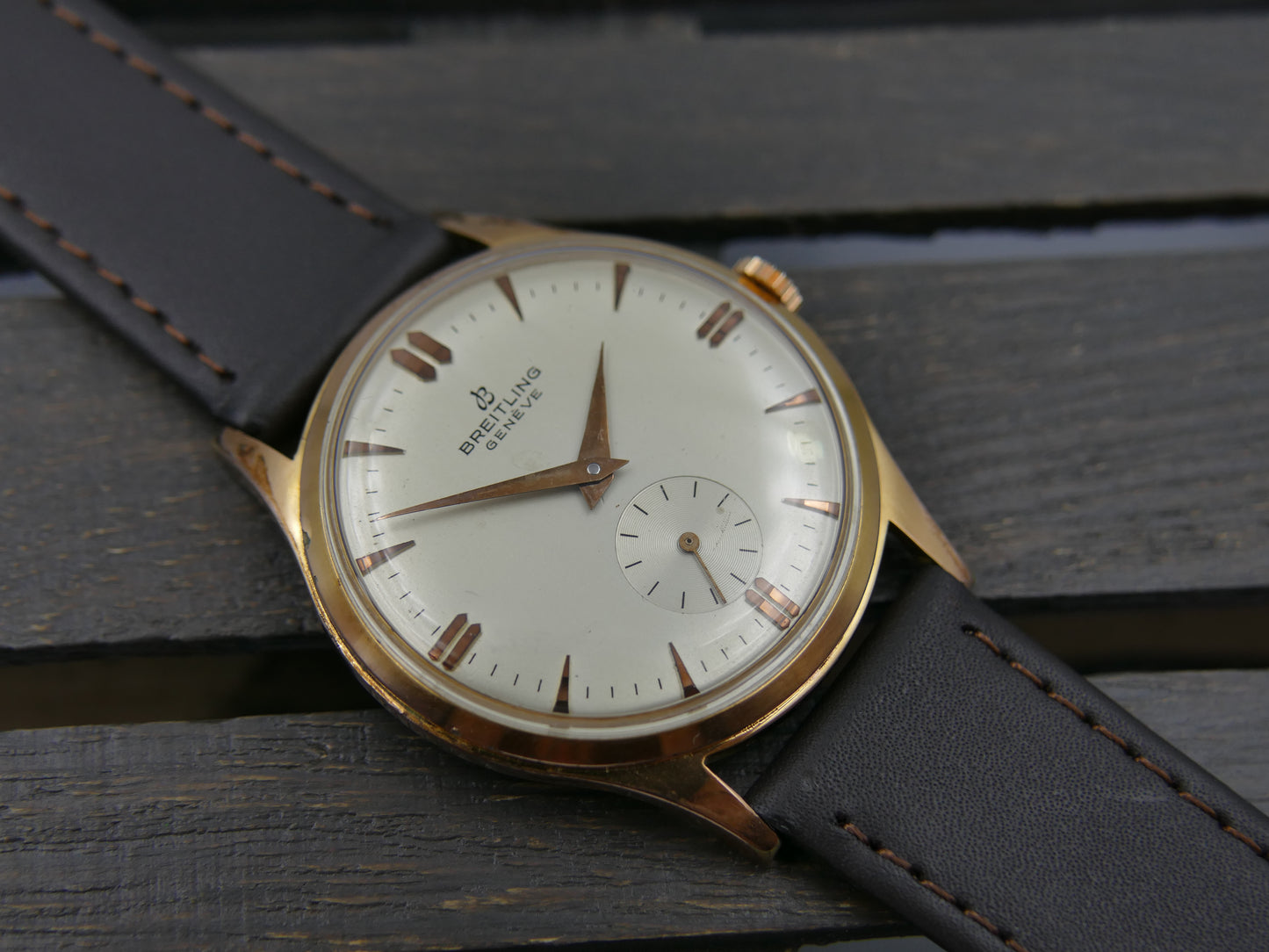 60s vintage watch mens Breitling Geneve ref 1901 hand wind Peseux rose gold pl 36mm