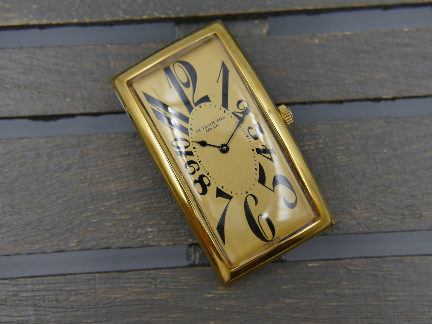 80s Vintage watch mens art deco CH TISSOT FILS LOCLE “BANANA” Champagne Dial