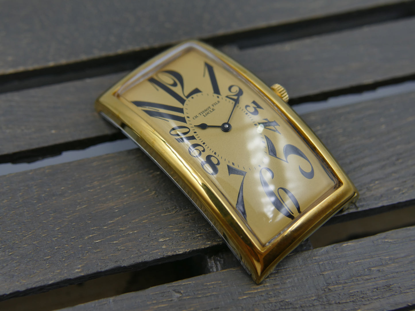 80s Vintage watch mens art deco CH TISSOT FILS LOCLE “BANANA” Champagne Dial