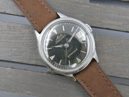 50s vintage watch mens Mido Multifort Superautomatic Powerwind black 917PC Borgel