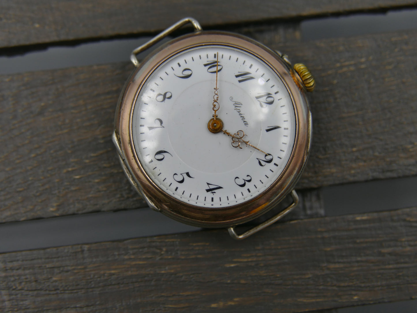 10s vintage watch Alpina solid silver 0.800 and rose gold manual wind