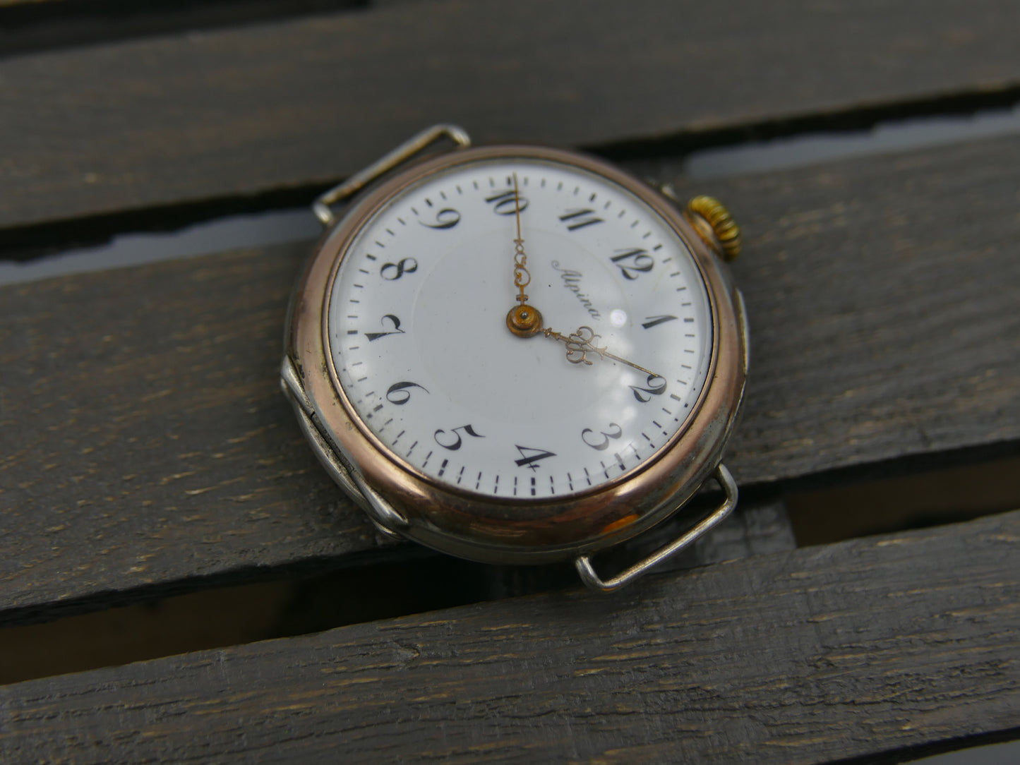 10s vintage watch Alpina solid silver 0.800 and rose gold manual wind