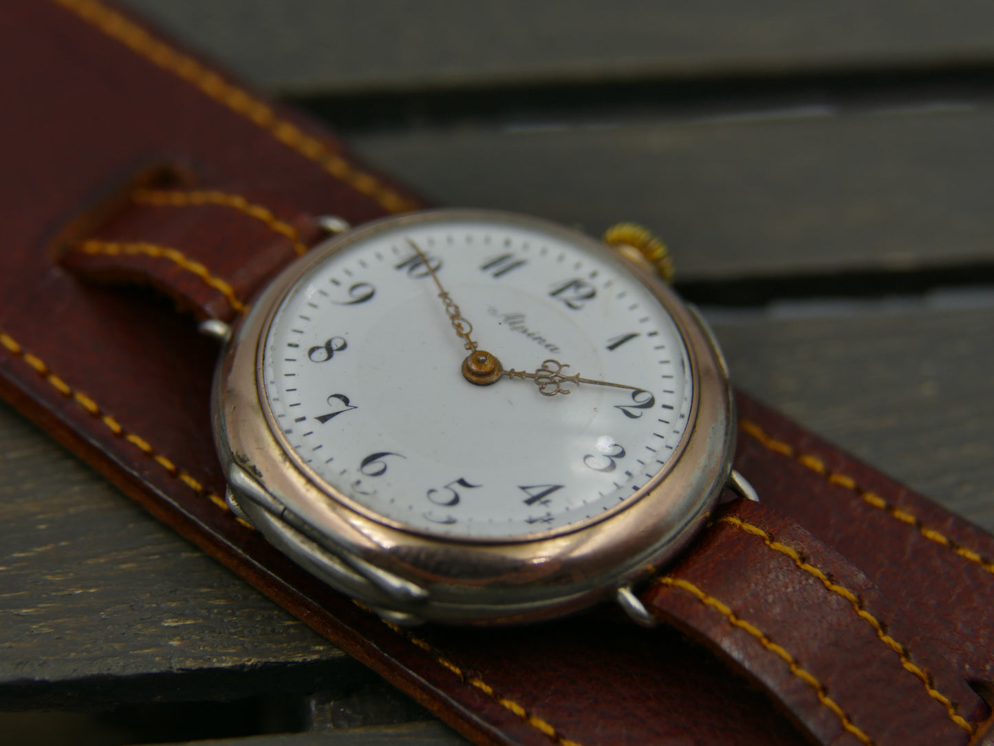 10s vintage watch Alpina solid silver 0.800 and rose gold manual wind