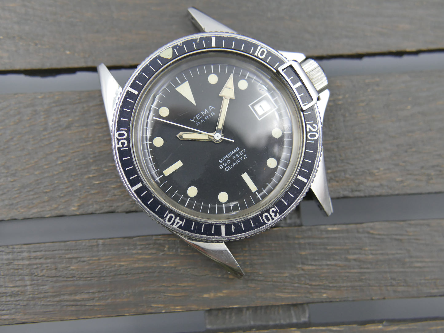 70s vintage watch mens diver plongee Yema Superman 990 feet quartz ref T9.001.6