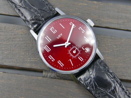 70s vintage watch mens LUV red burgundy dial hand wind Cupillard 233-68 NOS W/box