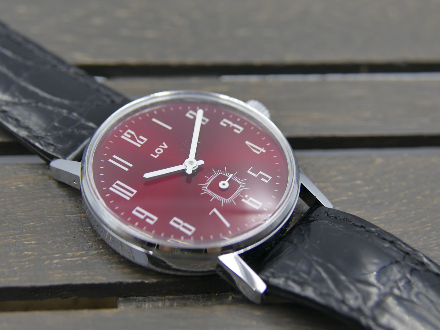 70s vintage watch mens LUV red burgundy dial hand wind Cupillard 233-68 NOS W/box