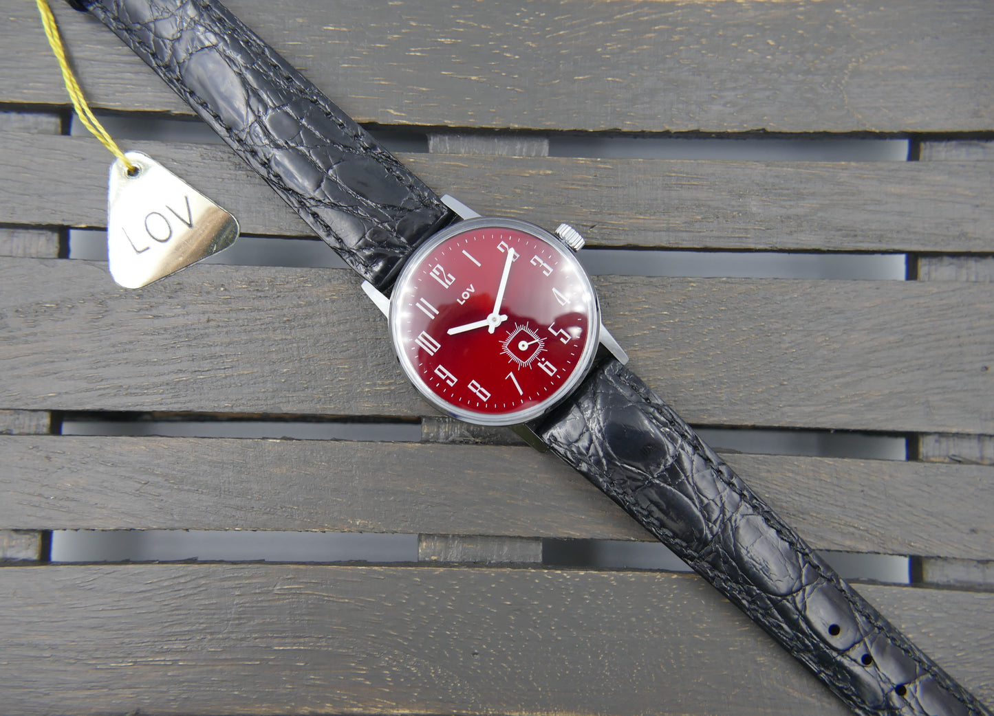 70s vintage watch mens LUV red burgundy dial hand wind Cupillard 233-68 NOS W/box