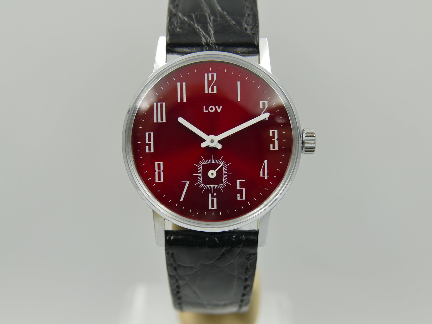 70s vintage watch mens LUV red burgundy dial hand wind Cupillard 233-68 NOS W/box