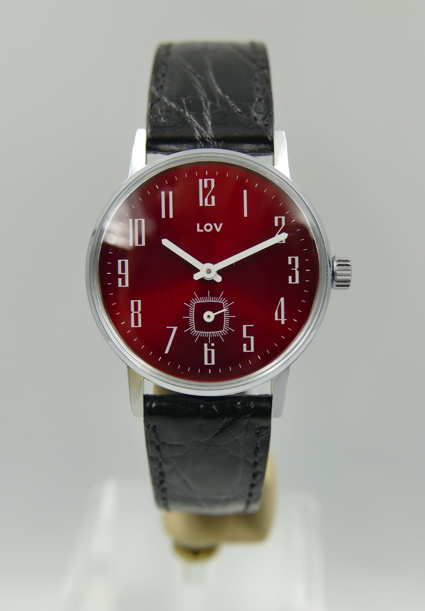 70s vintage watch mens LUV red burgundy dial hand wind Cupillard 233-68 NOS W/box