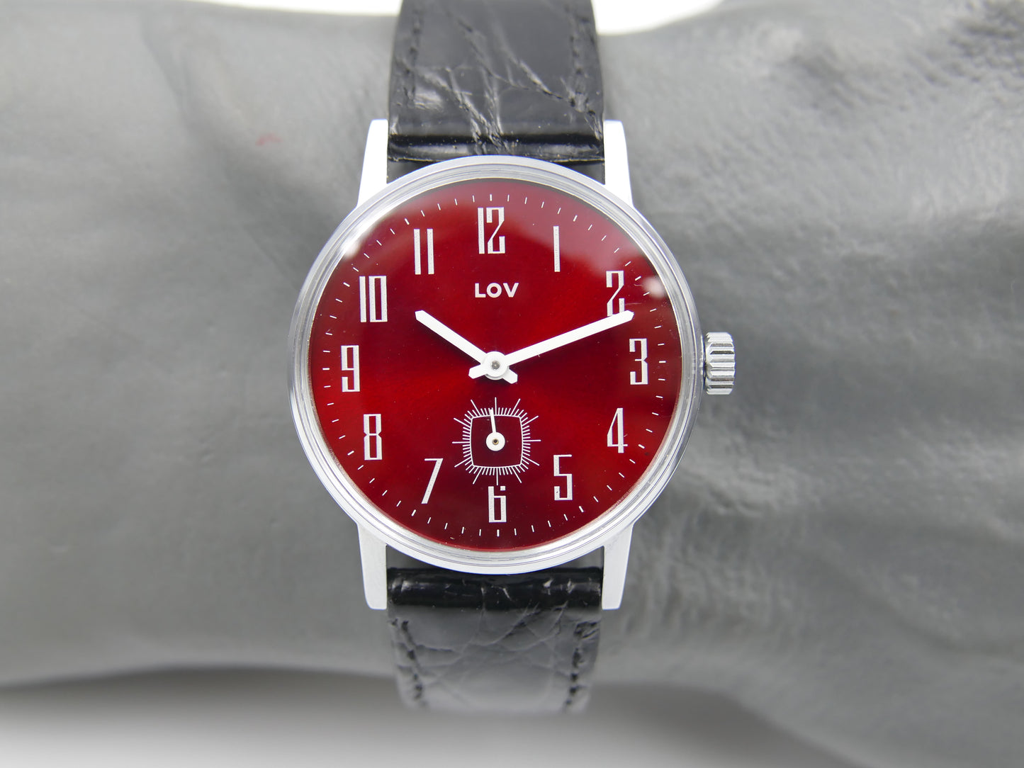 70s vintage watch mens LUV red burgundy dial hand wind Cupillard 233-68 NOS W/box