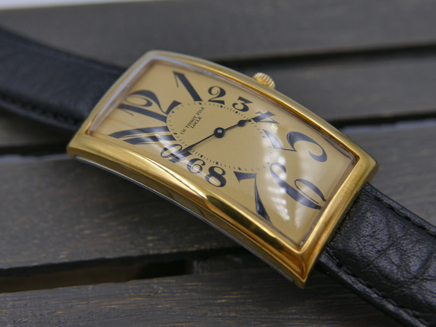 80s Vintage watch mens art deco CH TISSOT FILS LOCLE “BANANA” Champagne Dial
