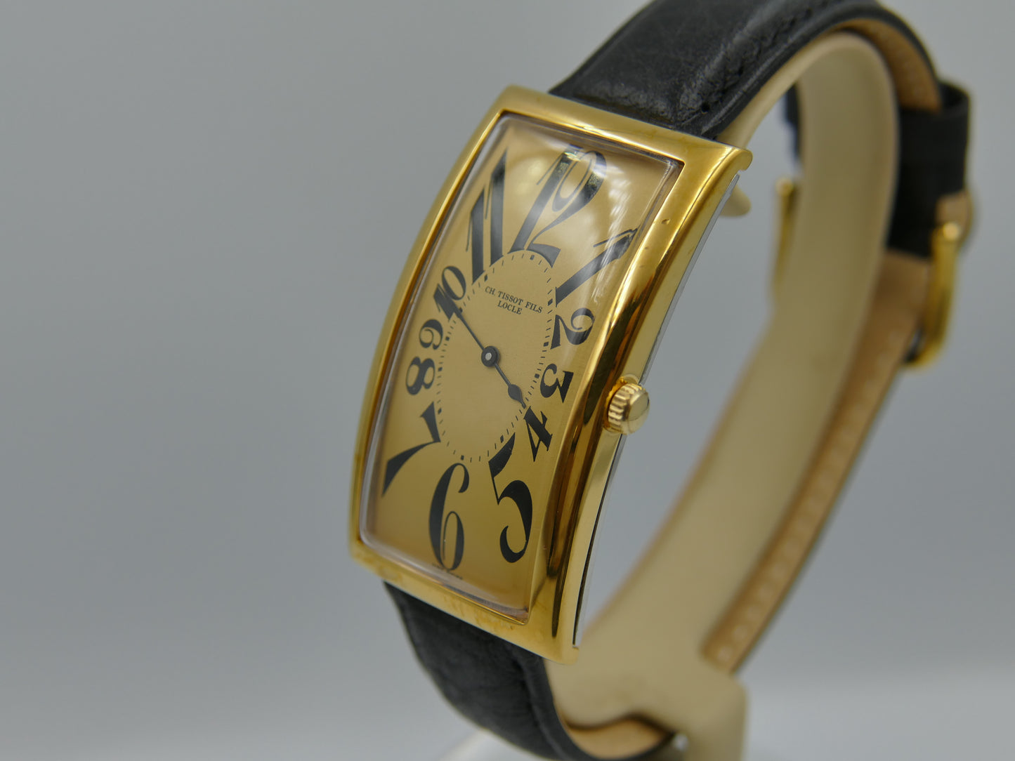 80s Vintage watch mens art deco CH TISSOT FILS LOCLE “BANANA” Champagne Dial
