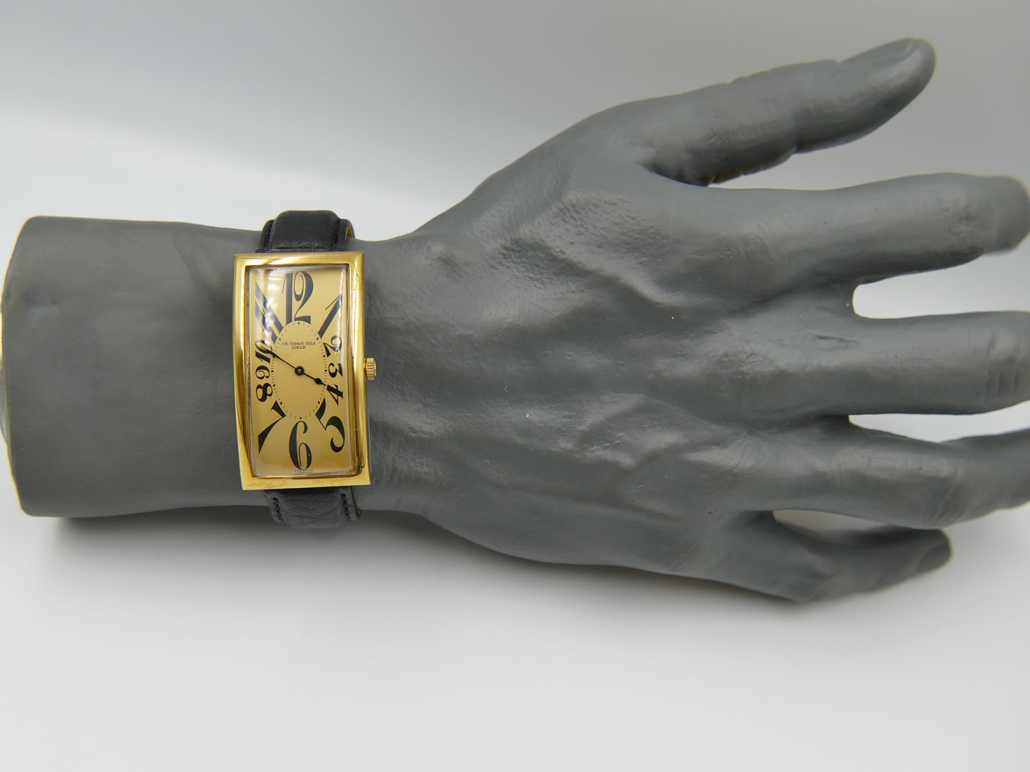 80s Vintage watch mens art deco CH TISSOT FILS LOCLE “BANANA” Champagne Dial