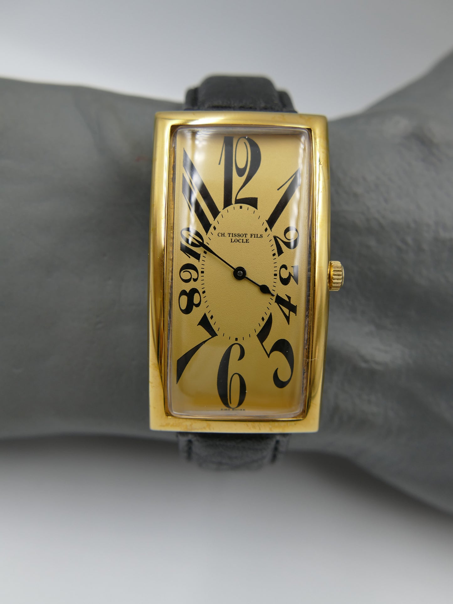80s Vintage watch mens art deco CH TISSOT FILS LOCLE “BANANA” Champagne Dial