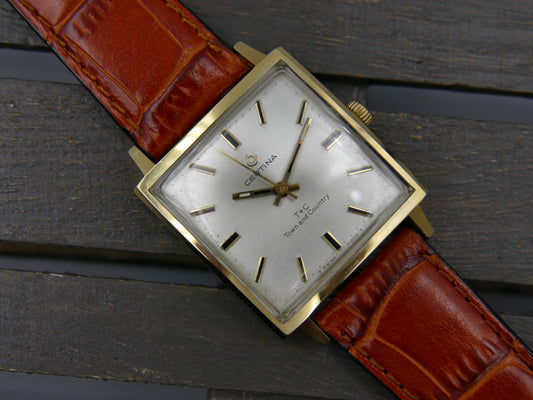70s vintage watch mens Certina Town & Country Ref. 5206-115 square gold pl hand wind