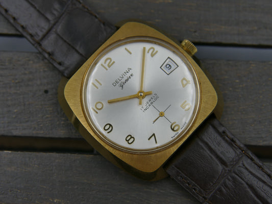 70s vintage watch mens Delvina Geneve hand wind Unitas 6425 MINT