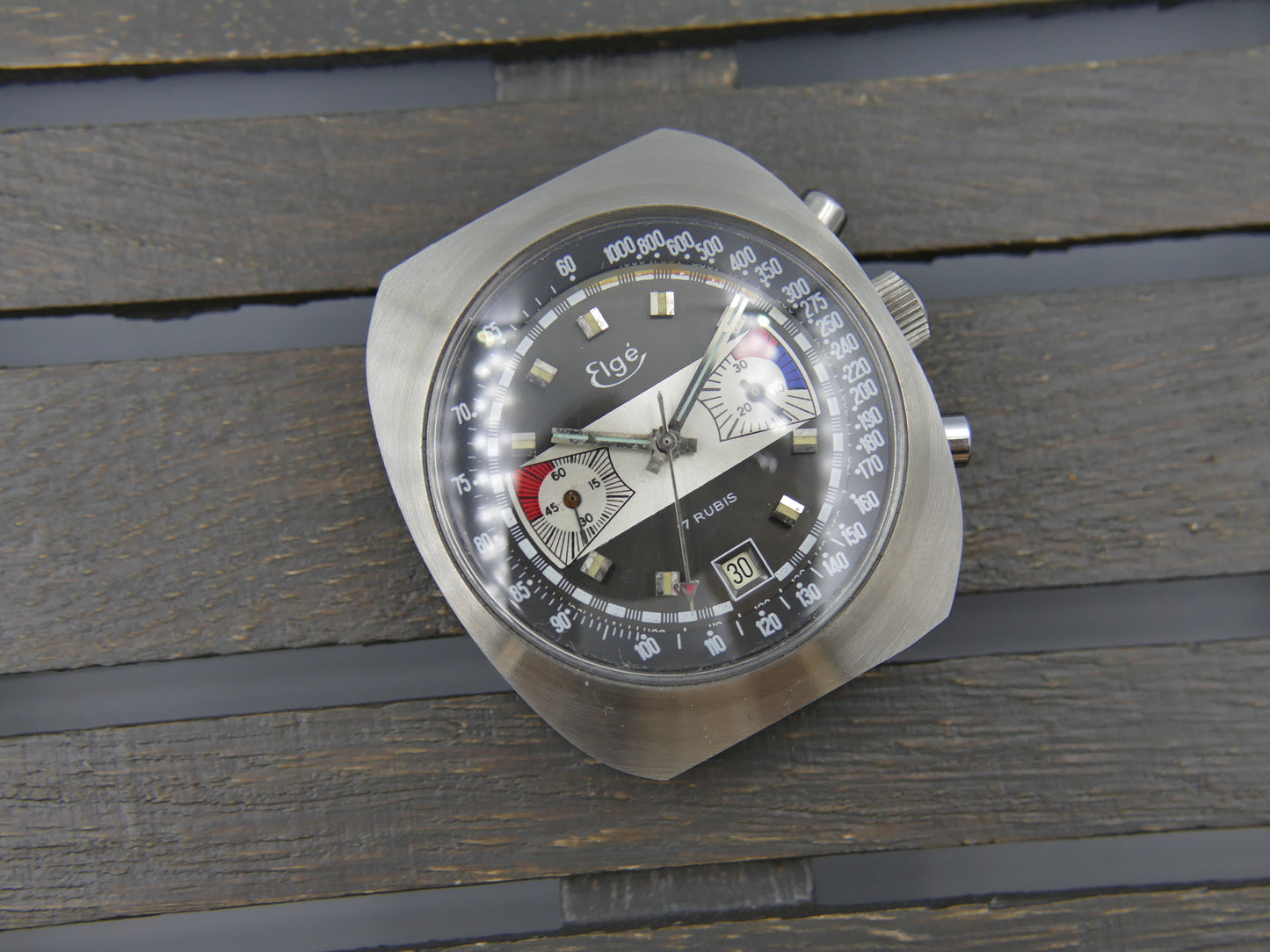 70s vintage watch chronograph Elge valjoux 7734 jumbo 40mm Yachting Racing NOS