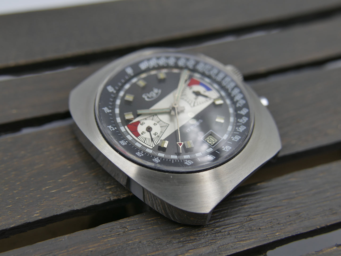 70s vintage watch chronograph Elge valjoux 7734 jumbo 40mm Yachting Racing NOS