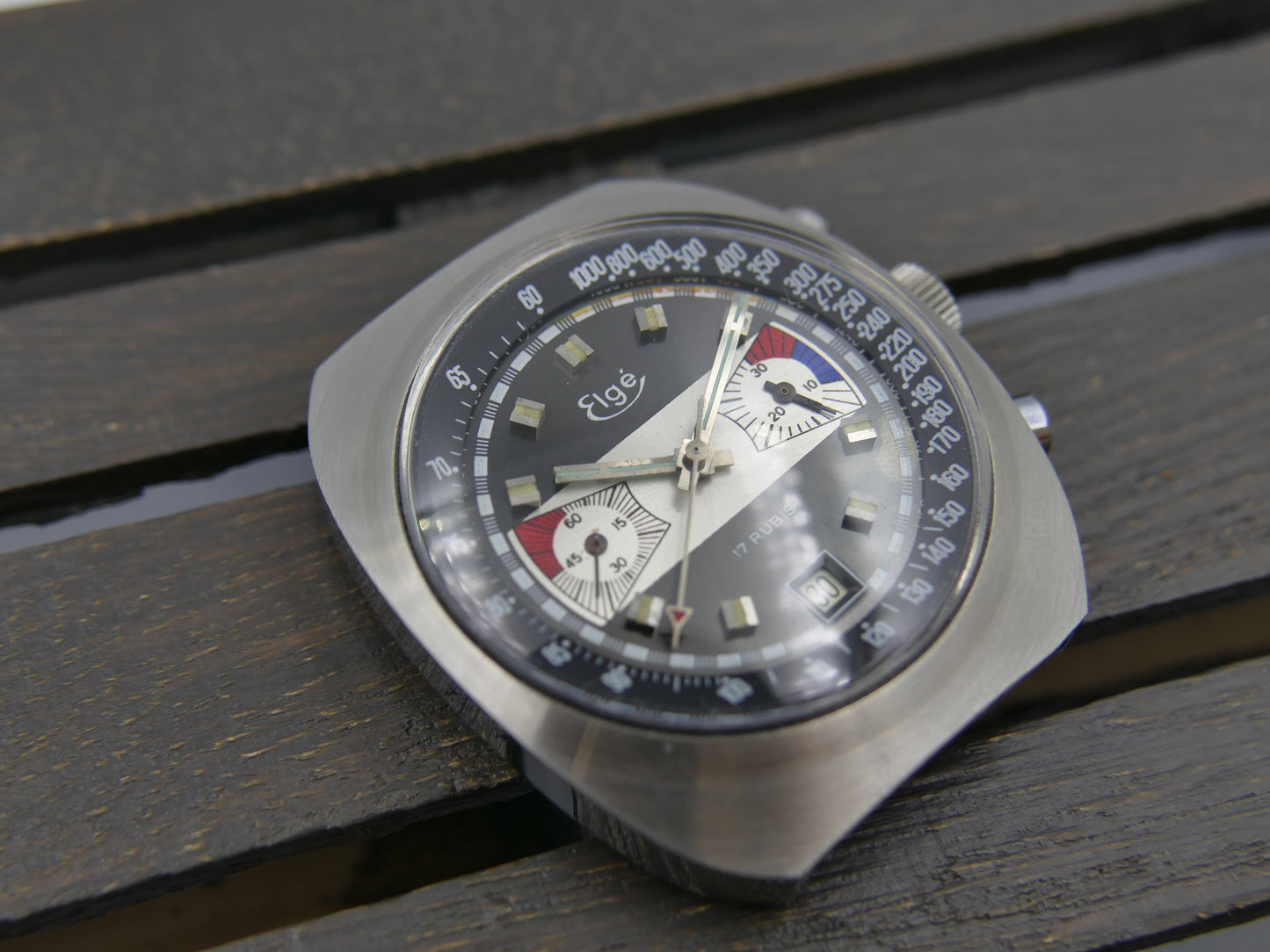 70s vintage watch chronograph Elge valjoux 7734 jumbo 40mm Yachting Racing NOS