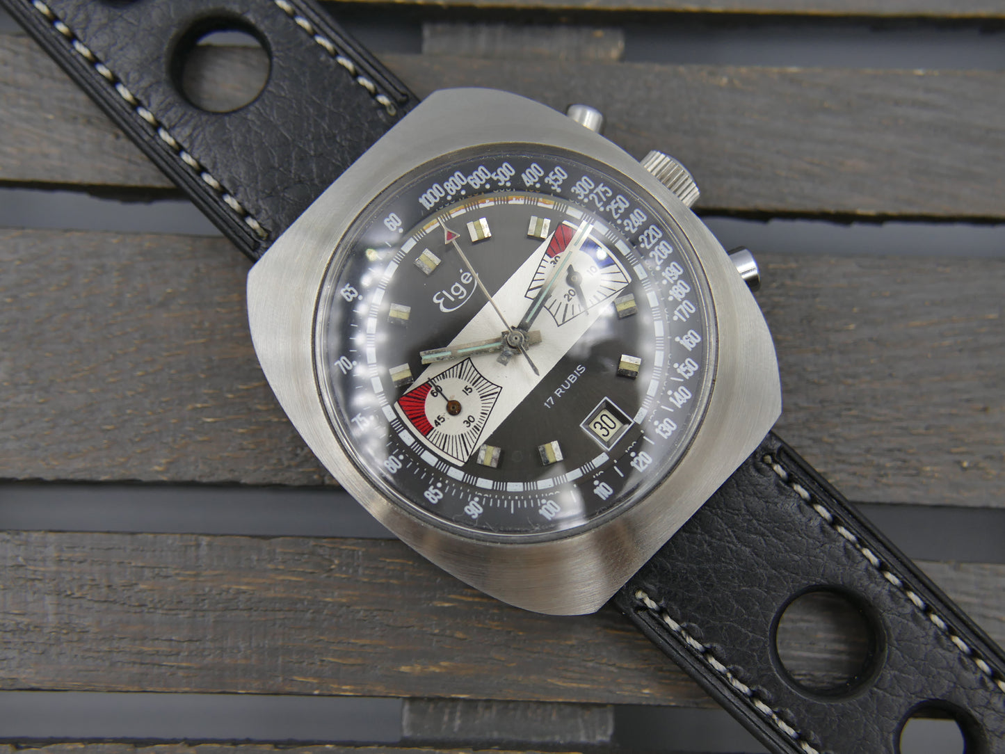 70s vintage watch chronograph Elge valjoux 7734 jumbo 40mm Yachting Racing NOS