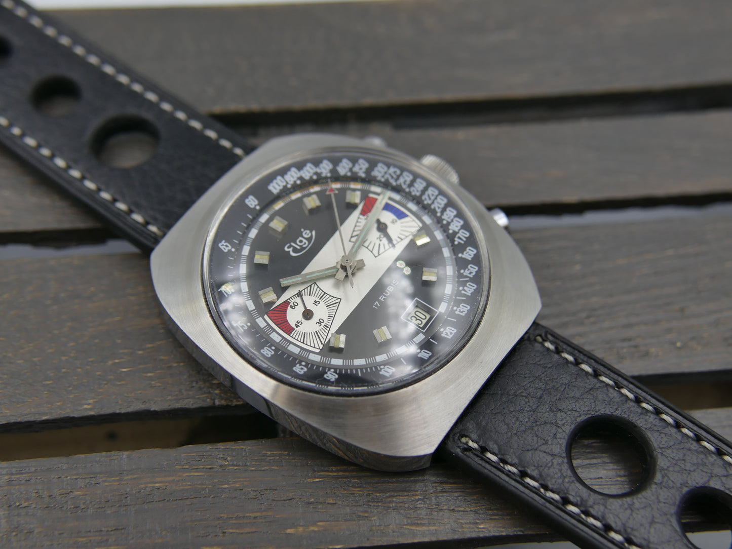 70s vintage watch chronograph Elge valjoux 7734 jumbo 40mm Yachting Racing NOS