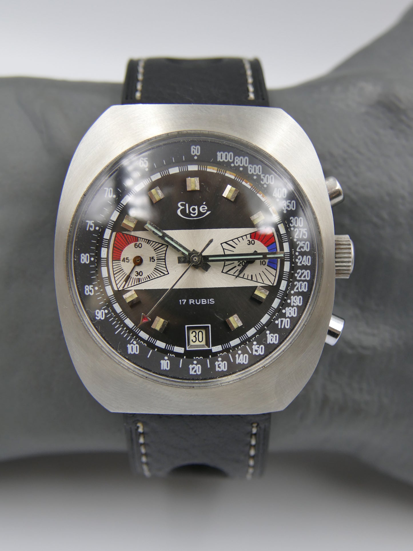 70s vintage watch chronograph Elge valjoux 7734 jumbo 40mm Yachting Racing NOS