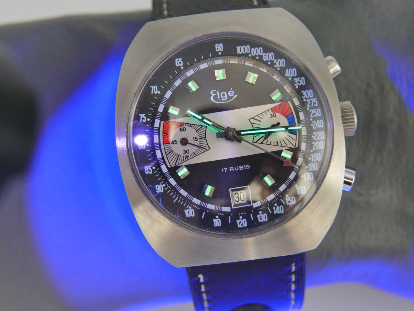 70s vintage watch chronograph Elge valjoux 7734 jumbo 40mm Yachting Racing NOS