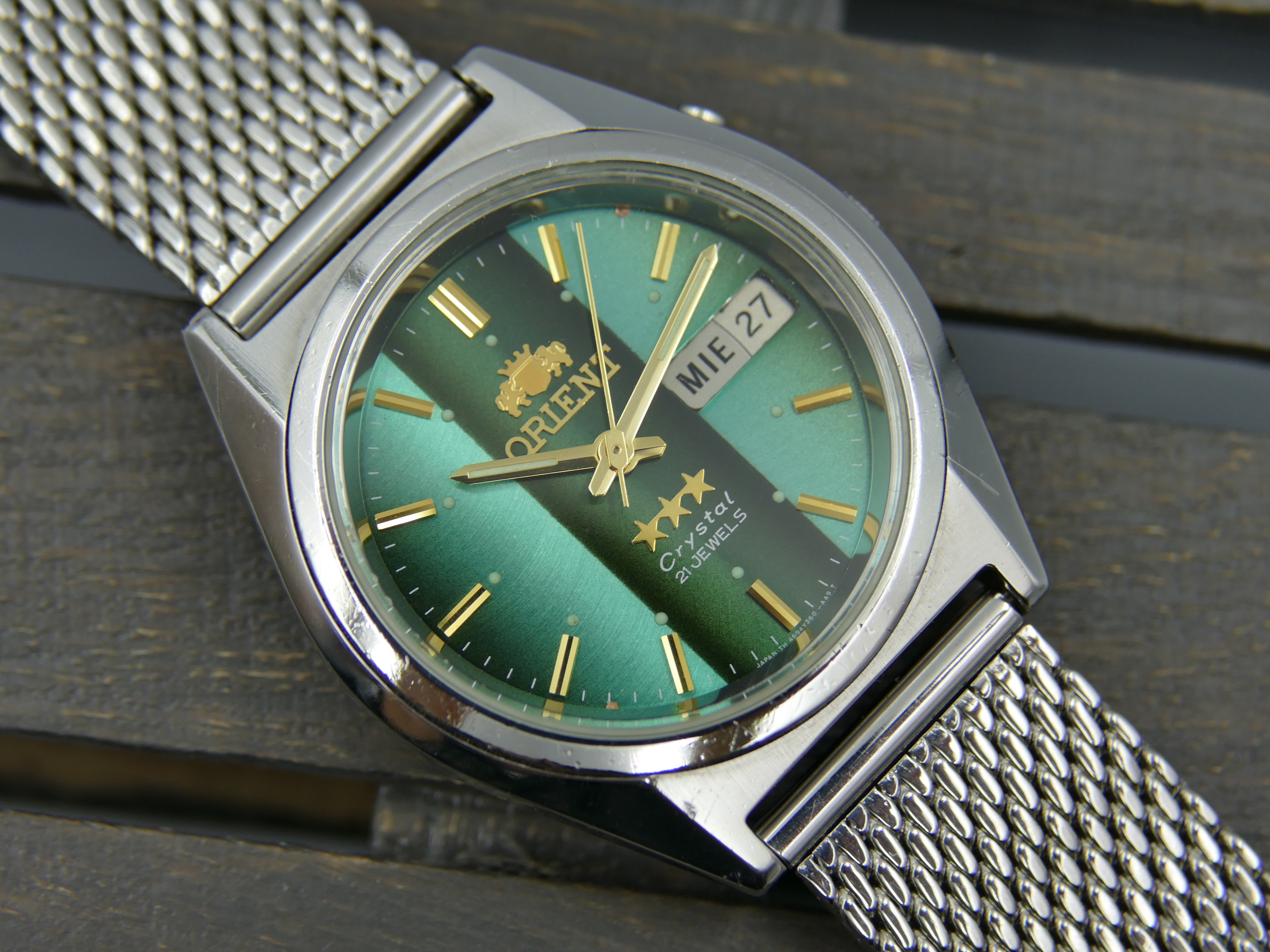 vintage watch mens Orient 3 star 469WA7-61 CA automatic green dial
