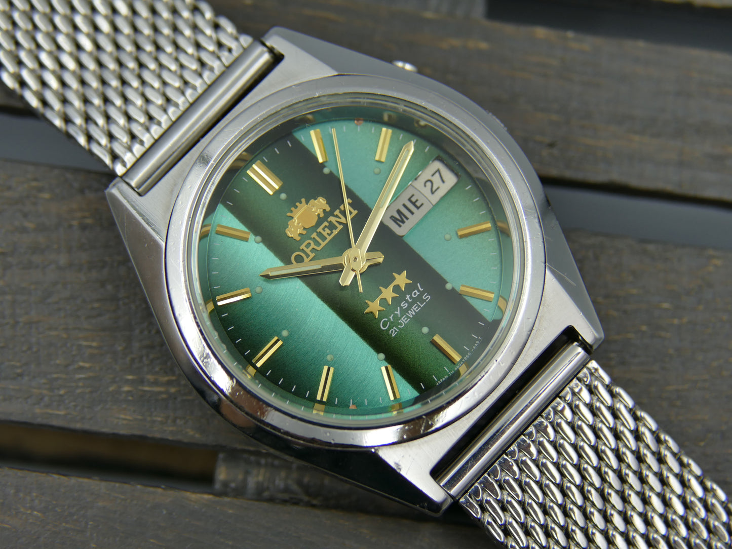 vintage watch mens Orient 3 star 469WA7-61 CA automatic green dial serviced steel 38mm