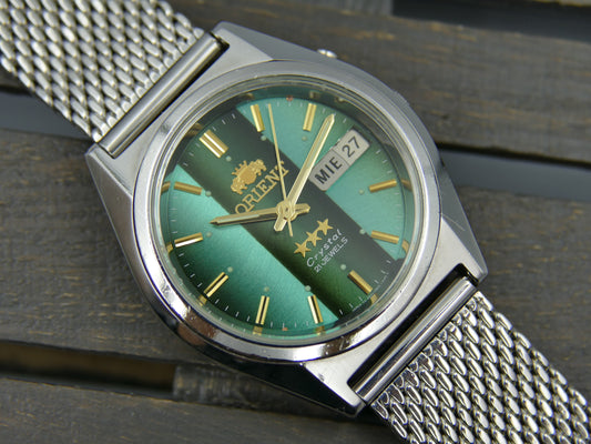 vintage watch mens Orient 3 star 469WA7-61 CA automatic green dial serviced steel 38mm